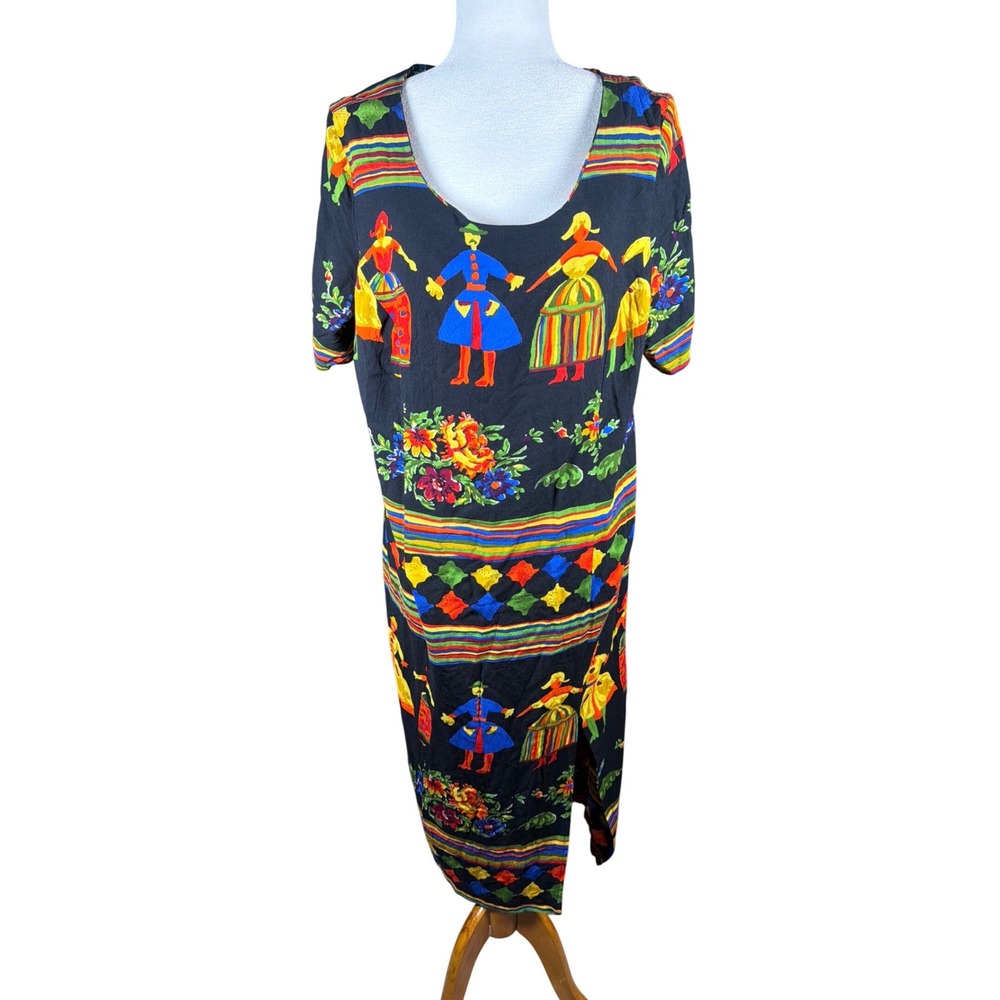 WNY Vintage Folk Art Novelty Print Midi Dress Black Multi Color Women Size 18